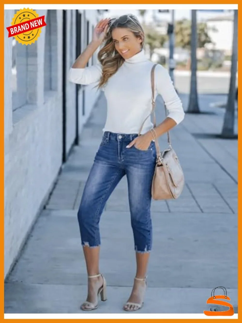 High Waisted Ripped Skinny Denim Capris Stretchy Jeggings with Pockets
